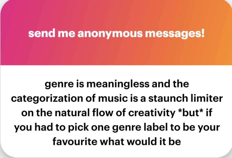 rap just goes hard as a genre label. and there's a lotta genres i don't listen to but have cool names like shoegaze and metal and folktronica. like that sounds neat. — ngl.link/heikadog2