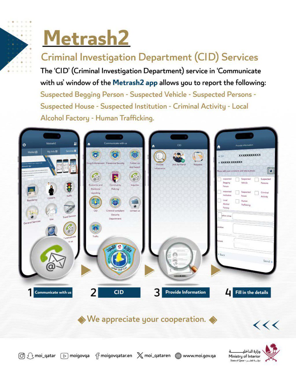 The CID services, on #Metrash2 app, allows reporting several crimes and violations through its 'Communicate with us' window. Security is a shared responsibility. #MOIQatar