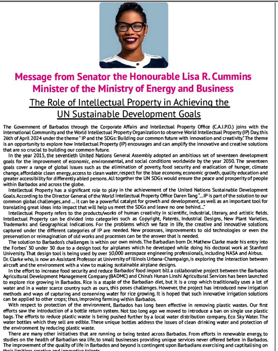 Message from #Barbados Minister of Energy & Business on #WorldIPDay 2024 @WIPO