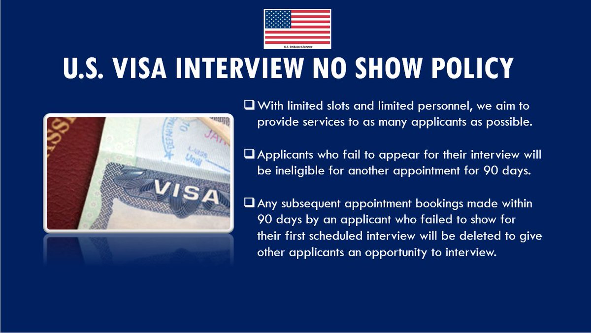 Did you know? U.S. visa applicants who fail to appear for their interview will be ineligible for another appointment for 90 days. Visa wait times have increased substantially all around the globe. Details ⬇️