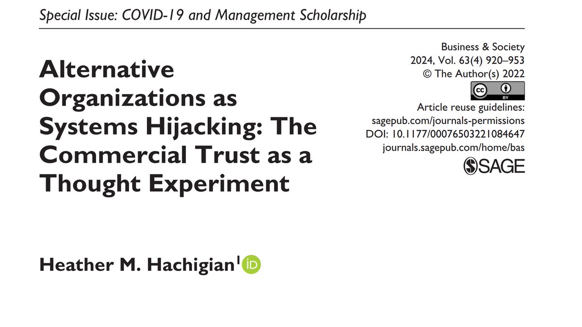 New research by @HmHachigian (@RoyalRoads) introducing systems hijacking as an analytically useful concept for understanding how alternative organizations can transform social systems. #governance #wealth. Read the article Open Access here: doi.org/10.1177/000765…