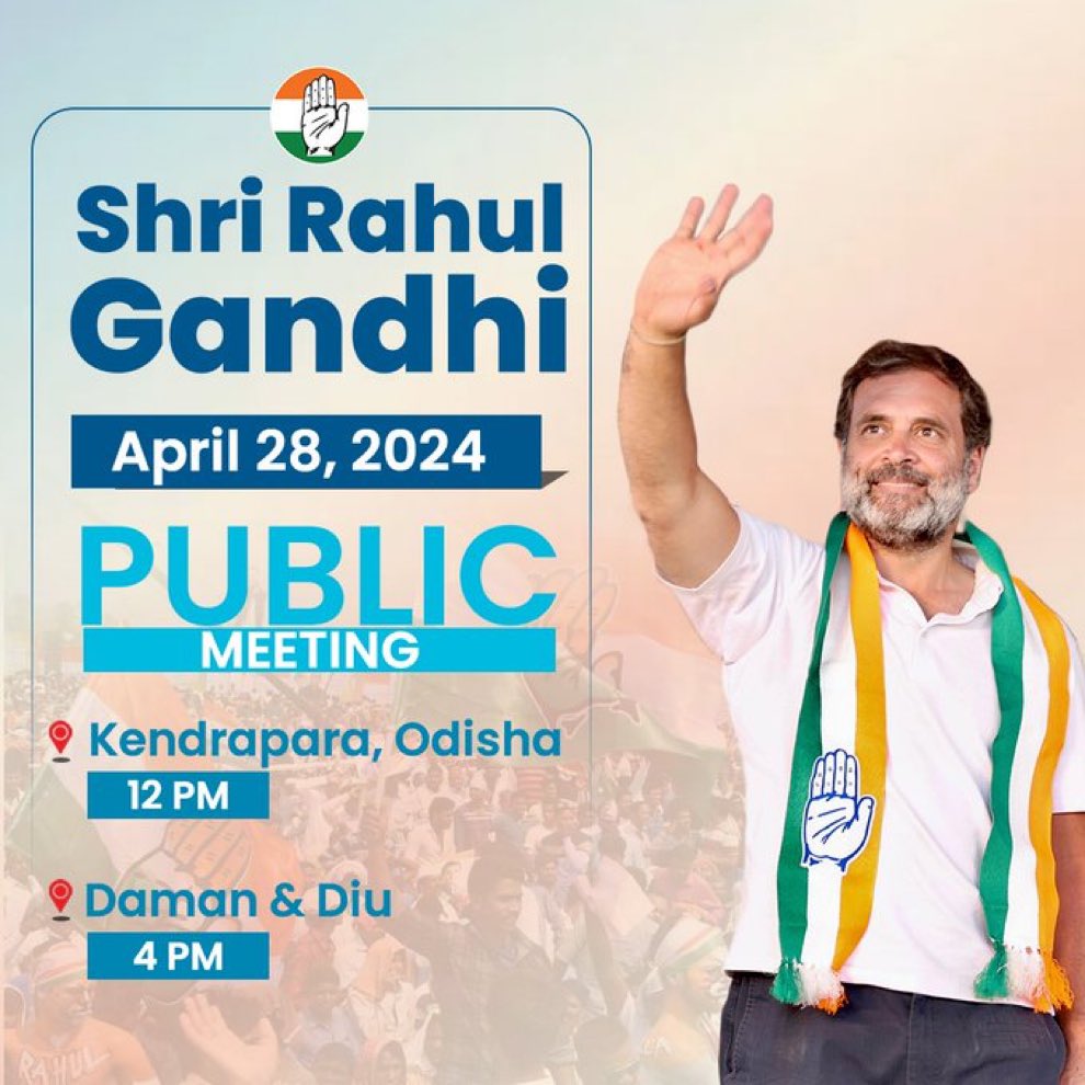Shri @RahulGandhi is scheduled to attend public meetings in Odisha and Daman & Diu today. Stay tuned to our social media handles for live updates. 📺 x.com/incindia 📺 facebook.com/IndianNational… 📺 youtube.com/user/indiacong…