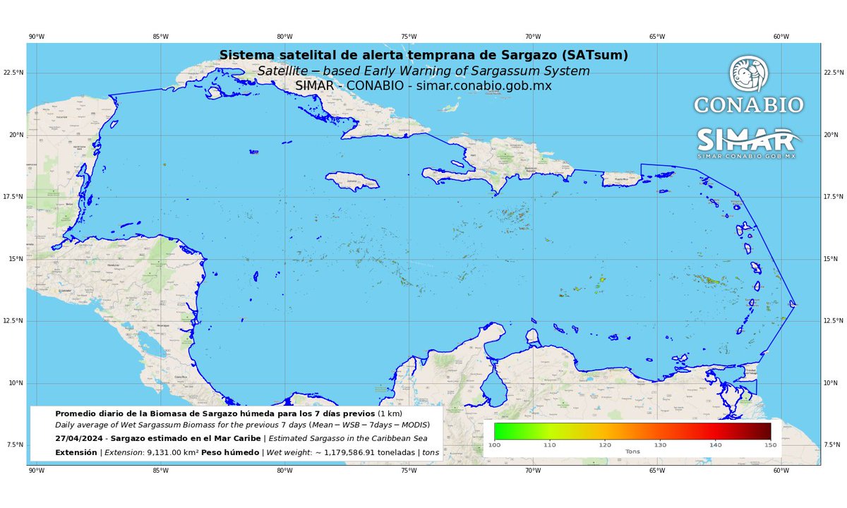 Sistema satelital de alerta temprana de Sargazo (SATsum)
SIMAR - CONABIO

Boletín 2024-04-27

Sargazo estimado en el Mar Caribe

Extensión: 9,131 km²
Peso húmedo: ~ 1,179,587 toneladas

simar.conabio.gob.mx/alertas/#sarga…

#sargazo #sargassum #conabio