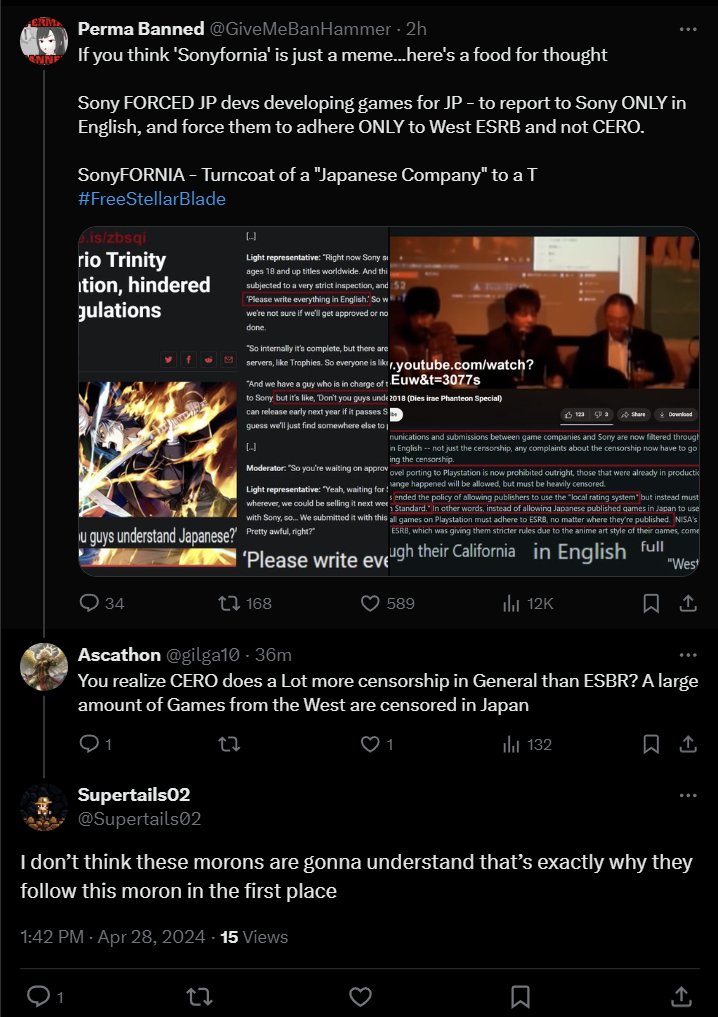 Few problems, both of you:
1. CERO harsher than ESRB; why then does Sony censor JP games way harder than CERO ever would force on them?

2. Censorship was the secondary in OP - Sony FORCING JP devs to adhere to Western Standards (and use English) for JP release is the main point.