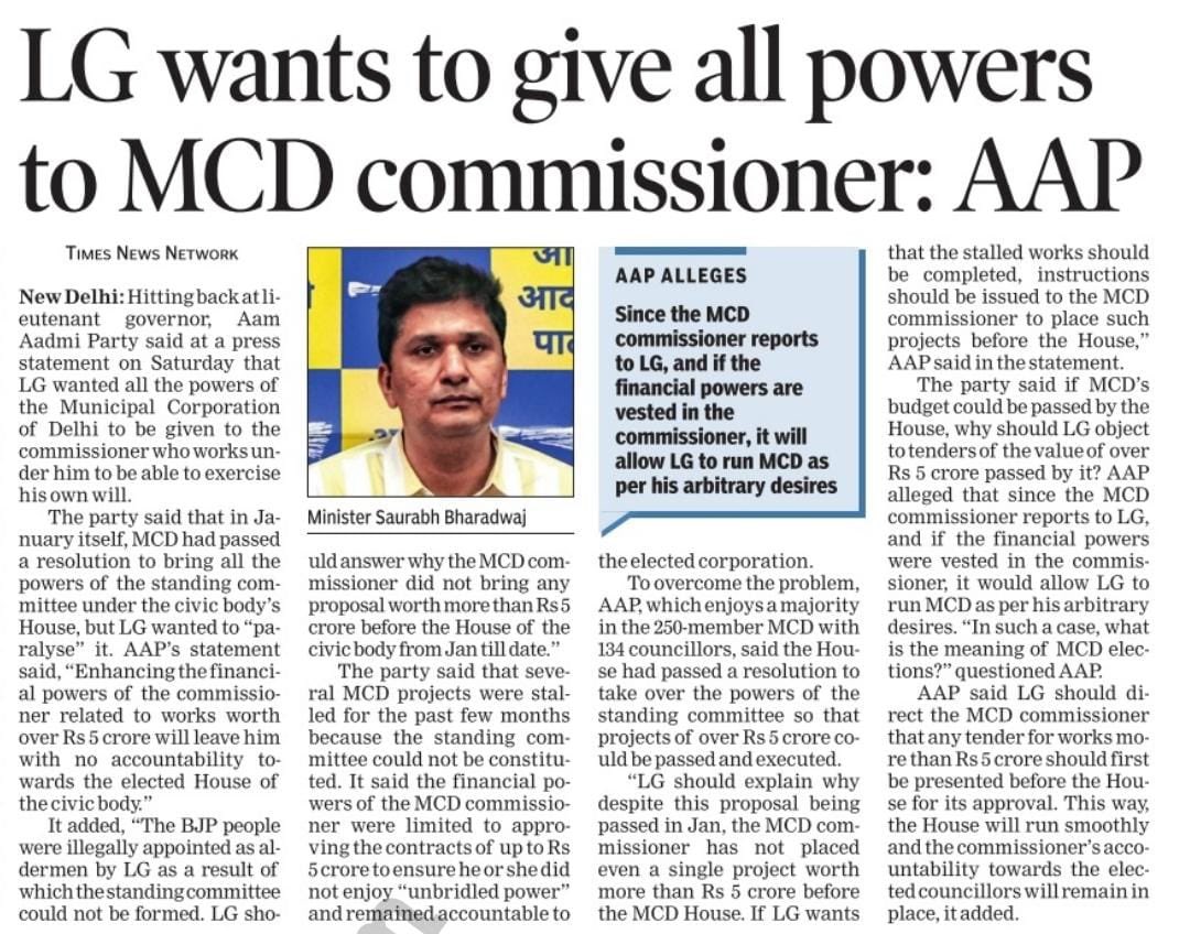 LG saab wants BJP to control MCD through Commissioner. Standing Committee is not formed because LG saab illegally appointed 10 BJP workers as Adlerman to MCD. All contracts above 5 cr should be passed in the House for accountability & transparency.