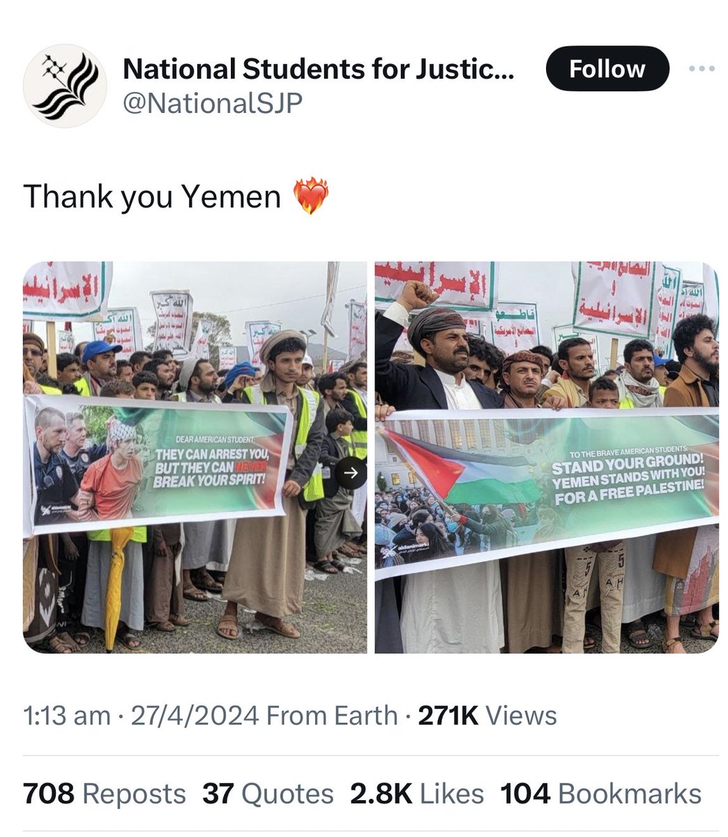 National students for justice for 'Palestinian uploaded this. And the Houthi slogan is very clear: 'Death to America, Death to Israel, A Curse Upon the Jews, Victory to Islam'. They can't hide it anymore, because it was never about Palestine.
