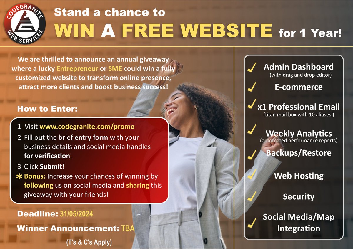 codegranite's tweet photo. We are thrilled to announce our 1st annual giveaway where a lucky business or entrepreneur could win a fully customized website for an entire year! 💪🏾😎

✨ How to Enter ✨
- Visit https://t.co/6wWG5GM5jq
- Fill and submit the easy form
- (Bonus): Follow and share

✨ ----- ✨ https://t.co/WuKVlebJnB