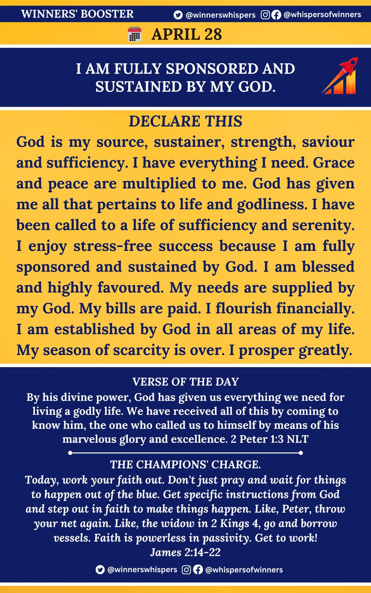 Declare this: God is my source, sustainer, strength, saviour and sufficiency. I have everything I need. Grace and peace are multiplied to me. God has given me all that pertains to life and godliness. I have been called to a life of sufficiency and serenity. I enjoy stress-free