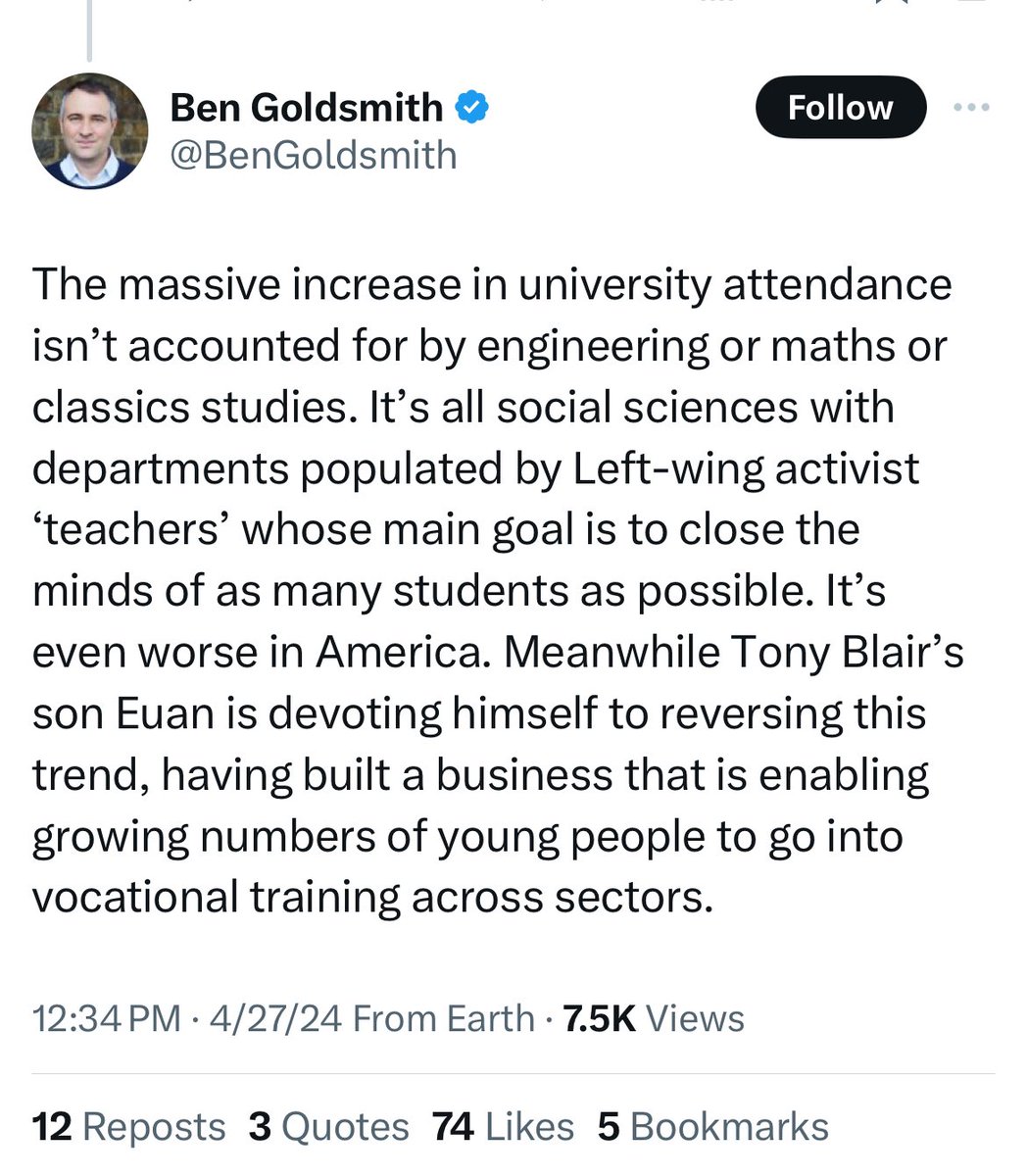 Son of a billionaire Eton educated Didn’t go to university First job at a private client stockbroker Complains “too many young people” go to university - how dare the plebs get an education! Claims goal of university is to “close minds” 🙄