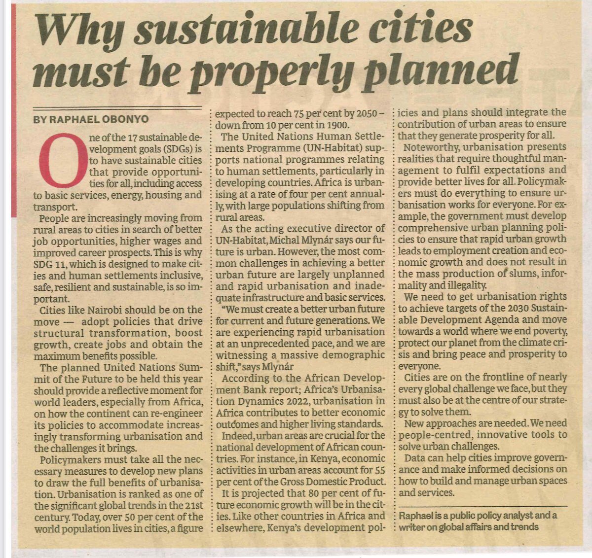 Thank you @NationAfrica for publishing article based on my conversation with Acting Executive Director of @UNHABITAT, @MichalMlynar, on why urban planning is key to sustainable cities, and why urbanisation is critical to Sustainable Development Goals. And UN Summit of the Future