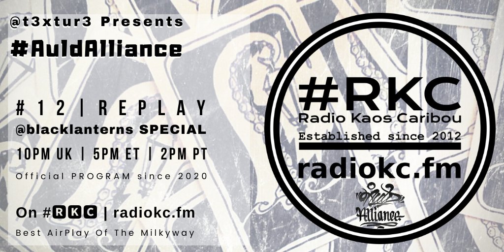 TODAY

🕙10PM UK⚪5PM ET⚪2PM PT

#AuldAlliance #12 #REPLAY

by @t3xtur3

🎧 💿@blacklanterns SPECIAL

⬇️Details⬇️
🌐 fb.com/RadioKC/posts/…

📻 #🆁🅺🅲 featuring

Blackmass Plastics │ SJ Mellia aka I Scored Zero │ Immaculate Emotion Engines │ mo-seph

.../...