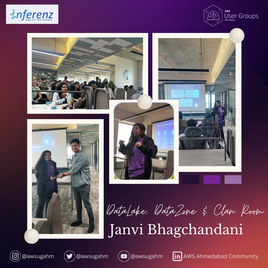Starting strong at our AWS April meet-up with Janvi Bhagchandi, our AWS Cloud Club Captain, delving into AWS Datalake, Datazones, and Clean Rooms! Stay tuned for more insights. 
 #AWS #CloudComputing #DataManagement #awscommunity #awscloud #awsdatalake