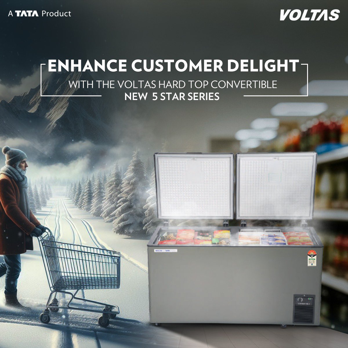 As summer arrives, enhance your customers’ satisfaction with their favourite chilled and frozen treats using the Voltas Hard Top Convertible New 5 Star Series. This innovative system features Dual Temperature Control technology, ensuring energy efficiency while maintaining ideal