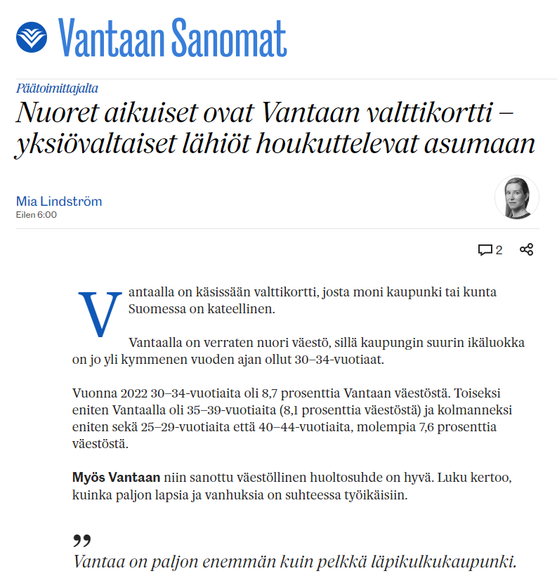 'Vantaalla on käsissään valttikortti, josta moni kaupunki tai kunta Suomessa on kateellinen', kirjoittaa Vantaan Sanomien päätoimittaja Mia Lindström. 💖 😊 👇 vantaansanomat.fi/paakirjoitus-m… #KotonaVantaalla #Vantaa50