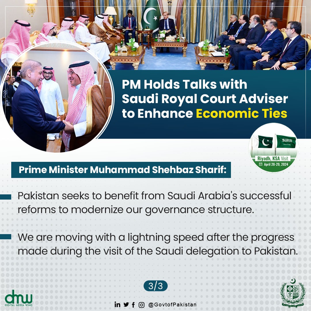 Prime Minister Muhammad Shehbaz Sharif and Saudi Royal Court Adviser Mohammed bin Mazyad Al-Tuwaijri held talks to boost economic ties. Both sides expressed strong interest in deepening relations, reviewed Saudi investment progress, and discussed aligning with Saudi Vision 2030.…