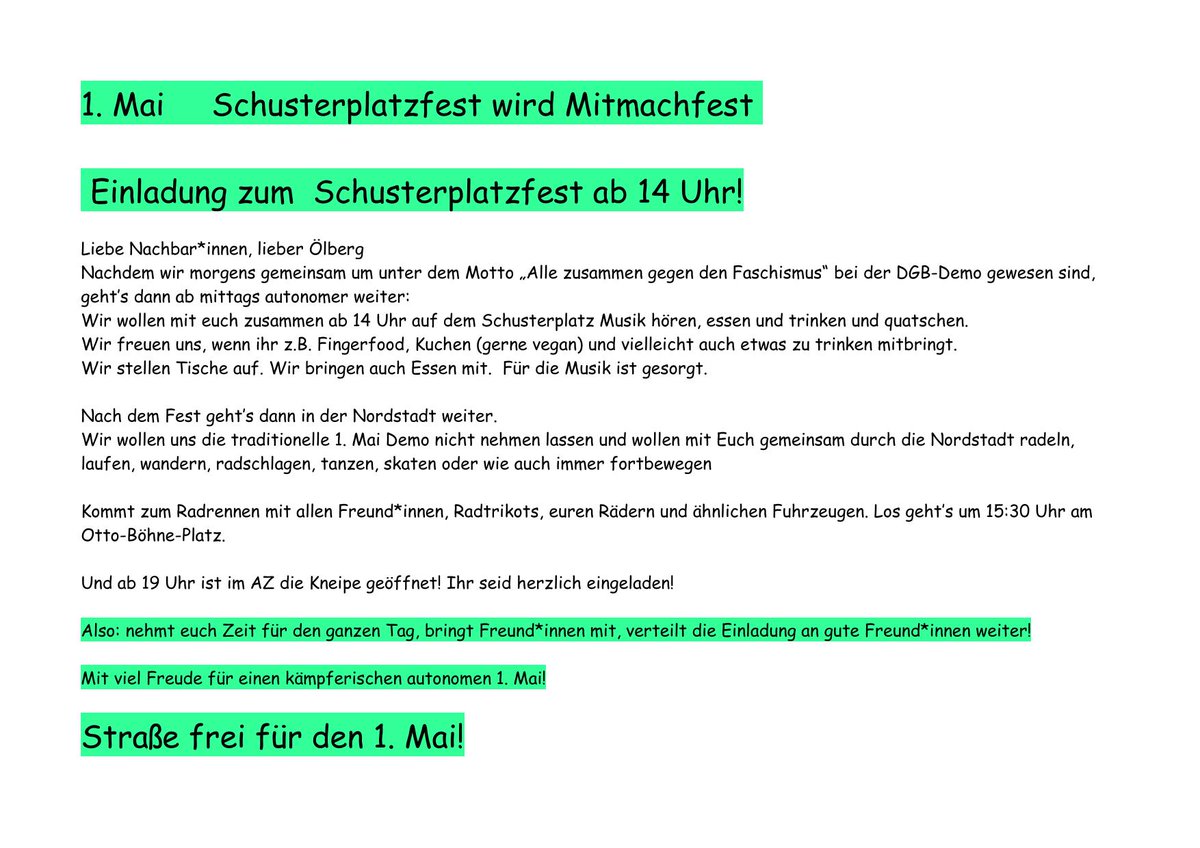 Einladung zum 1. Mai Schusterplatz-Fest und Radrennen! #Wuppertal Straße frei für den 1. Mai'