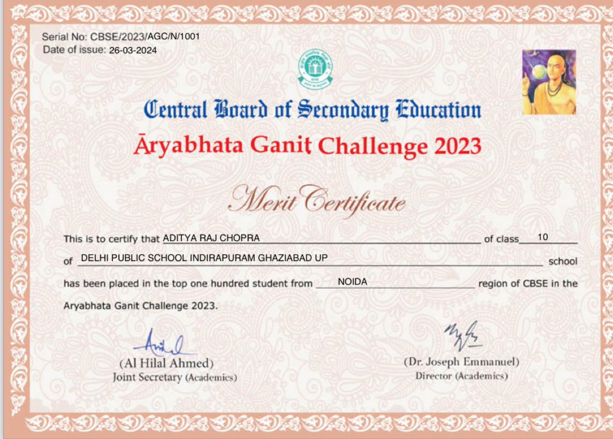 Top 100 in CBSE Aryabhatta Ganit Challenge 2023