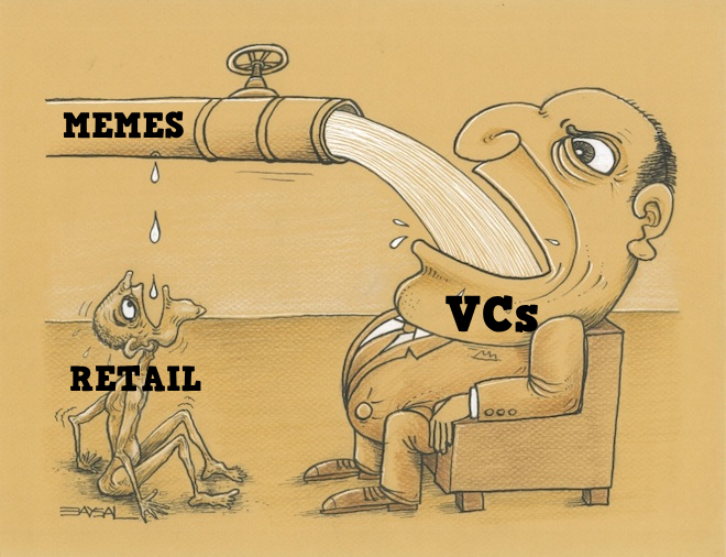 rektfencer's tweet photo. VCs don't like memecoins

The reason? They can't profit from them (yet).

But expect a flood of VC-backed memecoins with predatory tokenomics and boring concepts coming soon.

Is there money to be made? Likely, yes.

Dreaming of 100x on them? Think 2-3-4x instead.

After the initial hype? Expect a slow bleed to zero, all thanks to VC unlocks.