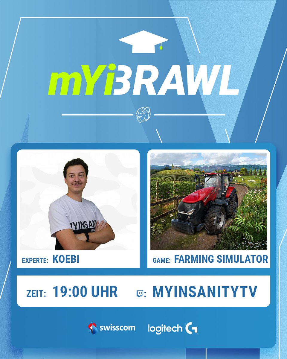 mYinsanity (@myinsanitych) on Twitter photo Another month, another #mYiBrawl! 🥳
For this episode, <a href="/SwissCIT/">Cyrill Iten</a> will be joined by <a href="/Koebi27/">Jakob 'Koebi27' Seitter</a> and the whole #FarmingSimulator team! 🚜
📆 2nd of May
🕖 19:00
📺 twitch.tv/mYinsanityTV Another month, another #mYiBrawl! 🥳
For this episode, <a href="/SwissCIT/">Cyrill Iten</a> will be joined by <a href="/Koebi27/">Jakob 'Koebi27' Seitter</a> and the whole #FarmingSimulator team! 🚜
📆 2nd of May
🕖 19:00
📺 twitch.tv/mYinsanityTV