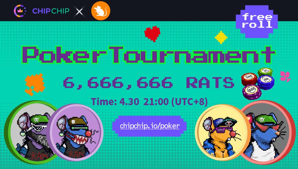chipchipgamezh's tweet photo. 🎉 THIS TUESDAY, GET READY FOR AN EPIC POKER TOURNAMENT WITH OUR OLD FRIENDS @Bitrats_org ! 🐭
🏆PRIZE POOL: 6,666,666 $RATS
🕒 DATE: APRIL 30, 9 PM (UTC+8)
🔗 LINK: https://t.co/XRfLz5mWS2
#RATS IS ONE OF THE MOST VIBRANT #MEME COMMUNITIES IN THE #BTCECO. $RATS IS ALSO AMONG THE FIRST CRYPTOCURRENCIES SUPPORTED BY #CHIPCHIP, ALLOWING PLAYERS TO ENJOY POKER GAMES USING $RATS.
🎁 GIVEAWAY ALERT:
1️⃣ LIKE & RETWEET
2️⃣ FOLLOW @chipchipgame AND @Bitrats_org
WE'LL DRAW ONE LUCKY FOLLOWER TO WIN A #CHIPCHIPBOX AFTER THE TOURNAMENT ENDS!
JOIN THE FUN, #RATS FAM! LET'S PLAY CARDS AT #CHIPCHIP!