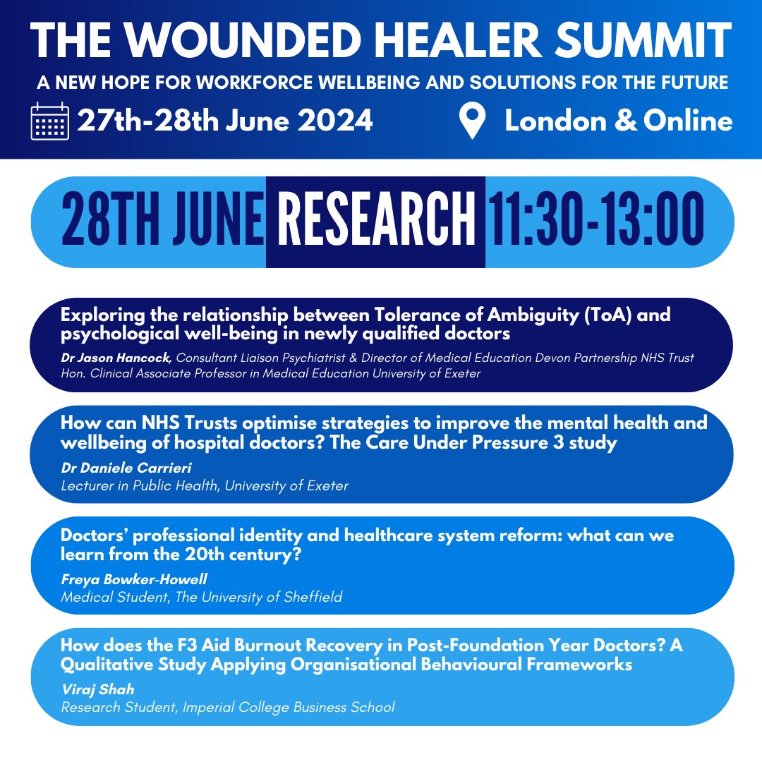 Want to learn about the latest research about the mental health of healthcare professionals? Join the 'Research' session on day 2 of #WoundedHealer24! Book your place for the summit here: bit.ly/thewoundedheal…