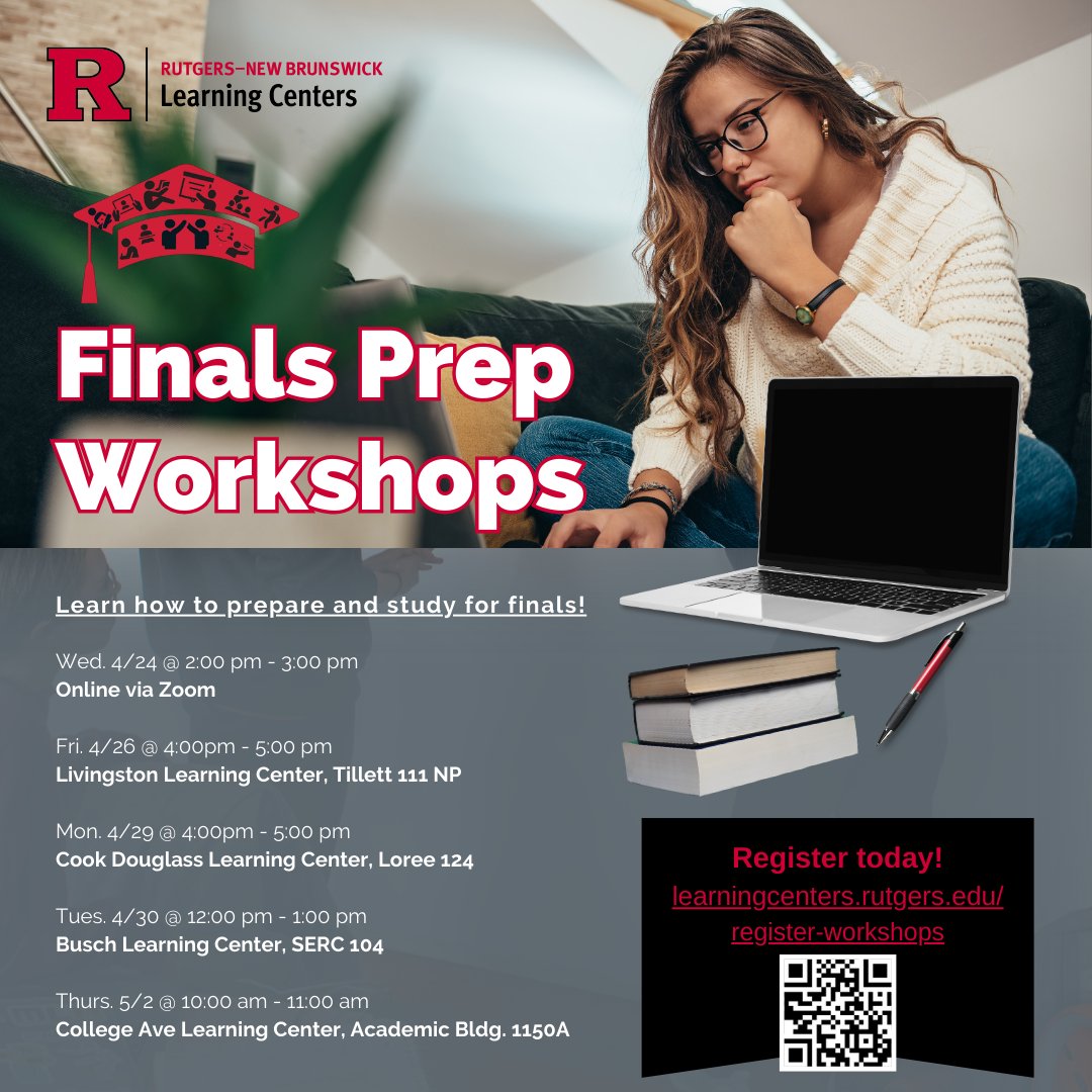 Come to our Finals Prep Workshops to learn how to prepare and study for your finals tomorrow Monday 4/29 from 4-5pm at the Cook Douglass Learning Center, Loree 124 Don't forget to register here: learningcenters.rutgers.edu/register-works…