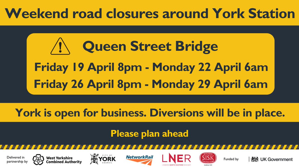 Please be aware of the ongoing Queen Street Bridge closure and plan ahead if you're travelling in the area. The railway station and nearby businesses remain open. Free shuttle buses are running between Blossom Street and the station during the closure. ⚠️york.gov.uk/StationGateway