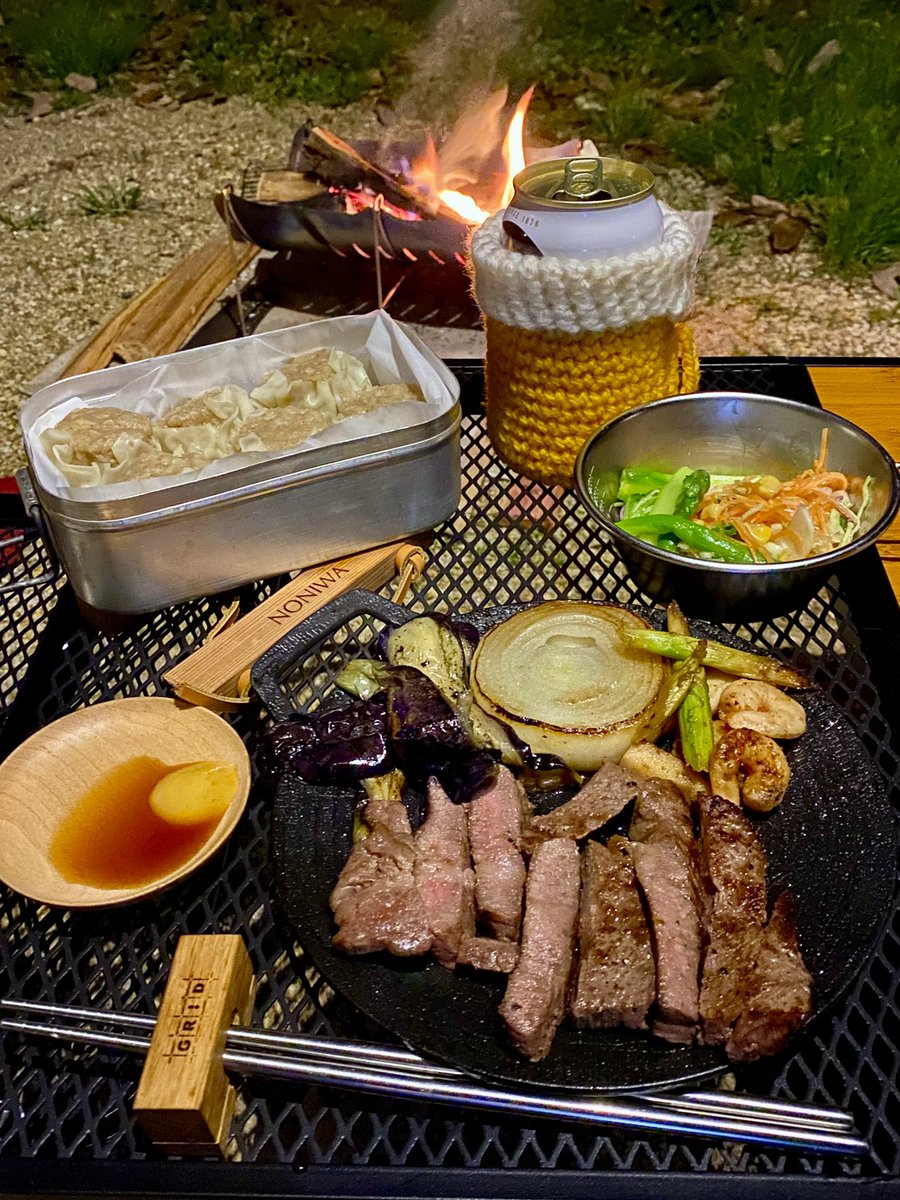 ソロキャン⛺️今夜はステーキなマルチグリドルで晩ごはん｡食べてばっかり😂