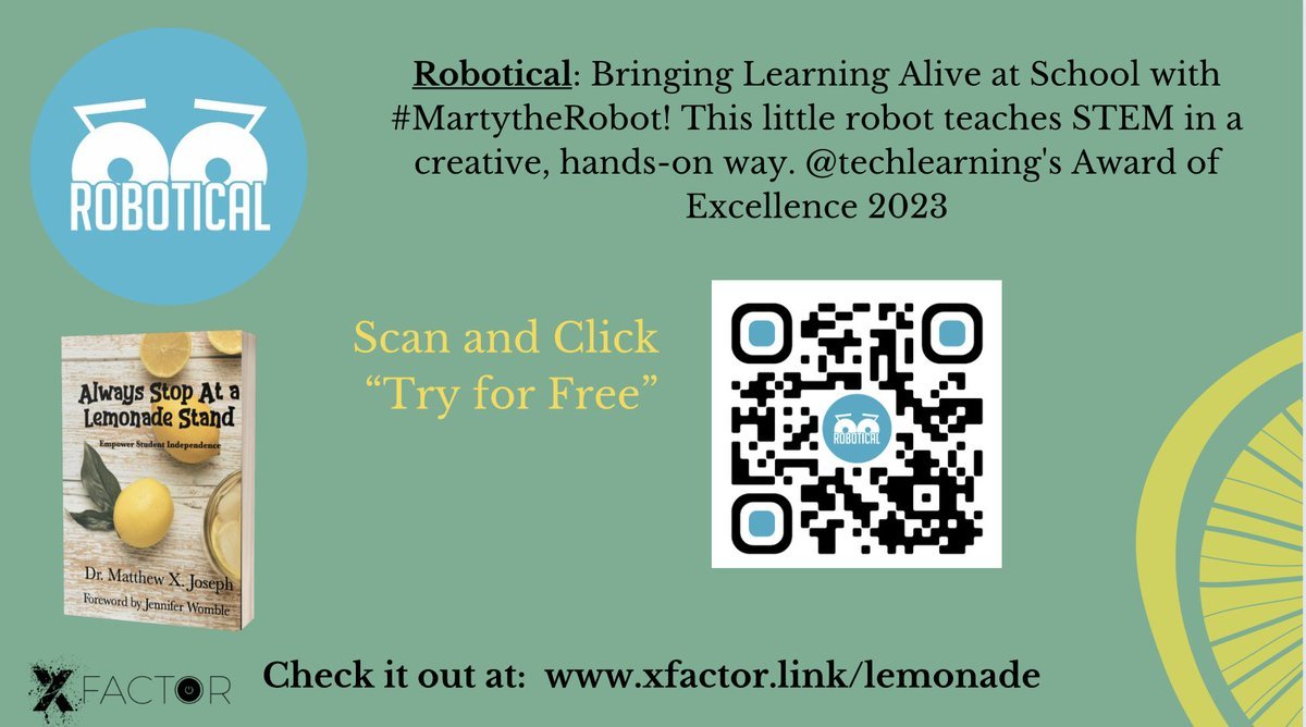 Going to Tech and Learning New England? Check out @MatthewXJoseph sharing engagement tools like @RoboticalLtd Try some activities for free using the QR code below. TY @RoboticalLtd for sharing work in the book 'Always Stop at a Lemonade Stand'