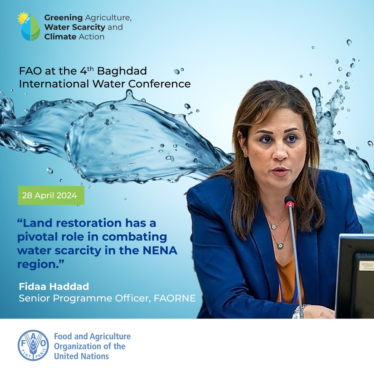 Exciting discussions at #BaghdadIWC as @FAO emphasizes the critical link between land restoration and water scarcity solutions. Integrated water and land management hold the key to securing our food supply sustainably. #WaterSecurity #FoodSecurity