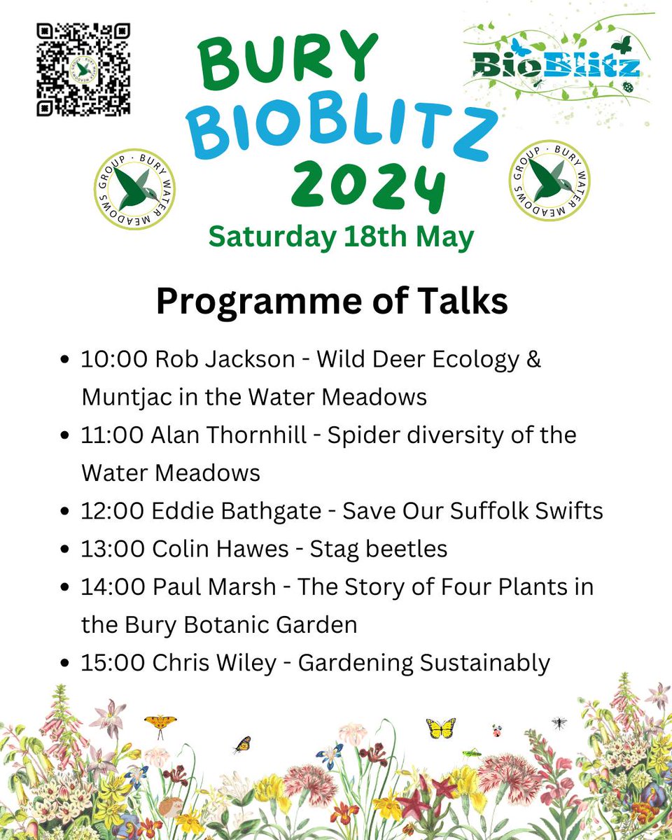 Bury Water Meadows Group's BioBlitz 2024 event. Come along to listen to our excellent speakers in the Abbey Gardens on Saturday May 18th. No need to pre-book. @BuryLung