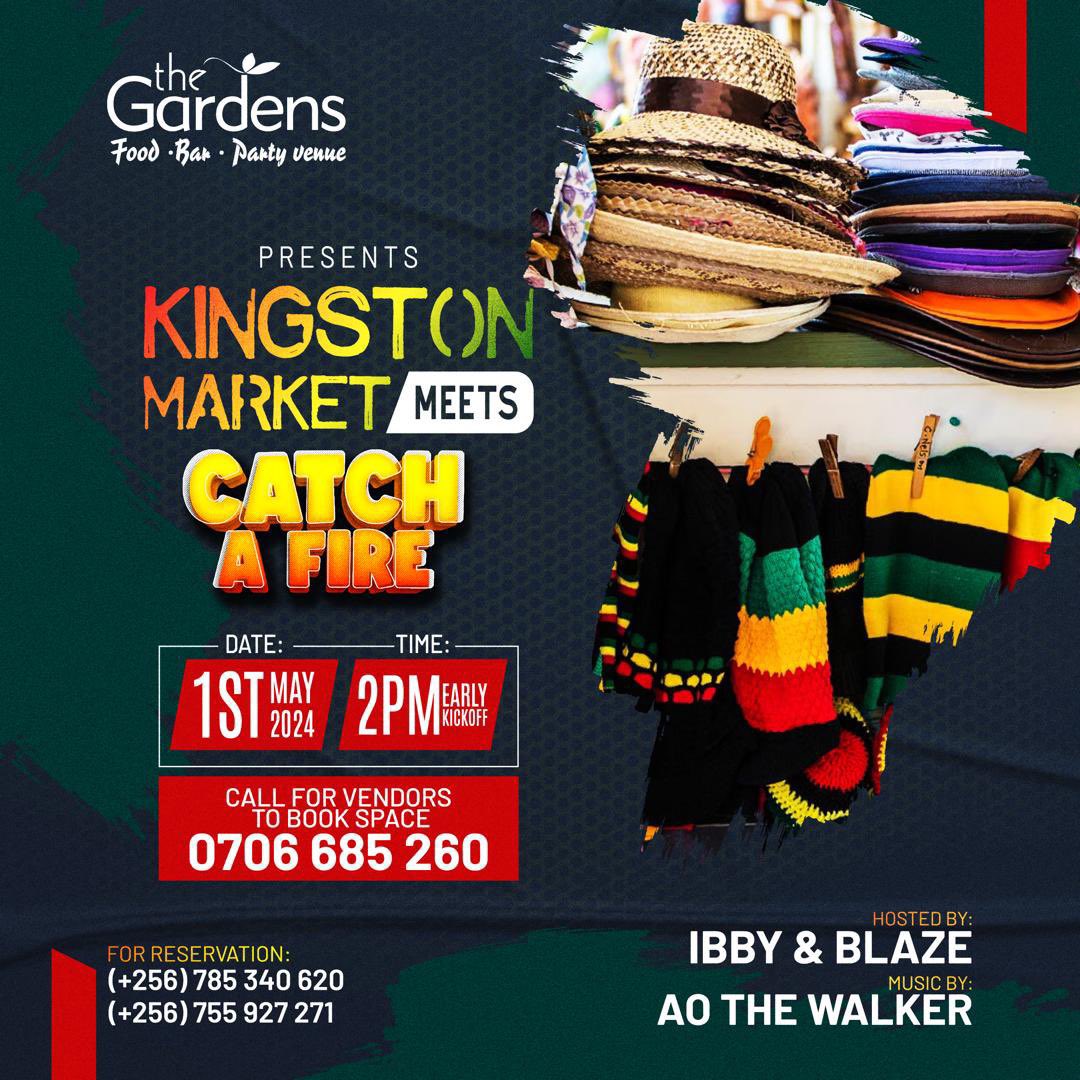 WEDNESDAY PLOT: 01/05 📌 Kingston Market meets #CatchAFire 📍@GardensNajjera 🎙 Hosted by: @blazey_blaze & @Ibbys_candles 🎛🎚Music serving by: @aothewalker Get ready to take your Rasta Merch to the next level!