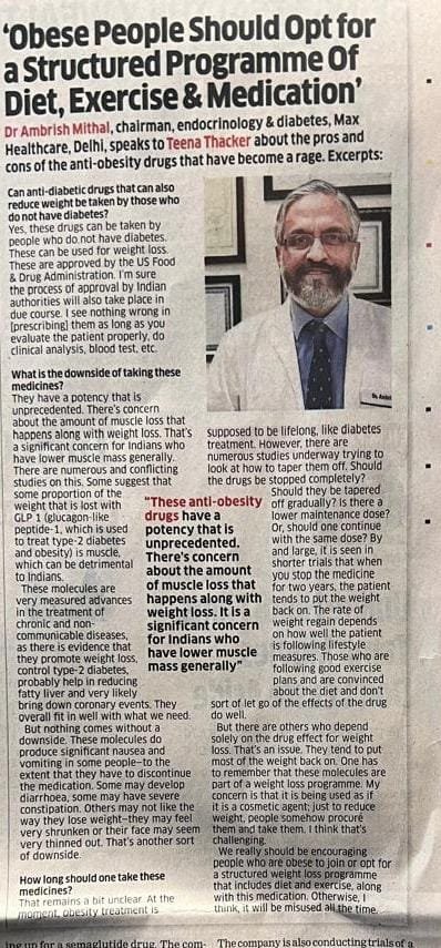 Nice write up by @Teensthack in the @EconomicTimes today. Anti obesity drugs are the flavour of the season. A huge scientific advance- but should be used under medical supervision. One size does not fit all. #obesity #ozempic #mounjaro #diabetes m.economictimes.com/industry/healt…