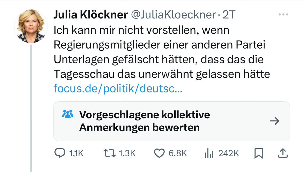 Das erstaunliche heutzutage ist, dass in diesem Kulturkampf solche Leute wie @JuliaKloeckner Unsinn herbeilügen können und sich dafür weder rechtfertigen noch entschuldigen müssen. Ekelhaft. Und Ex-Twitters Alibi-Funktion hilft natürlich auch nicht.