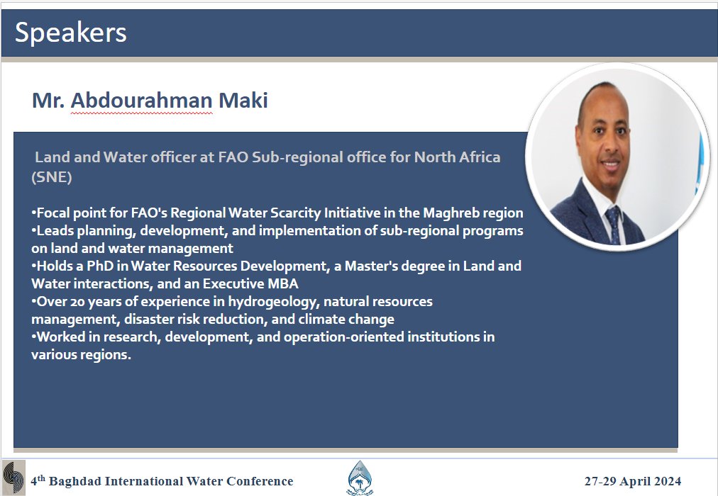 💡 First up, Mr. Abdourahman Maki from @FAO #SNE office, sharing insights on innovative frameworks for harnessing non-conventional water resources in agriculture. #Innovation #WaterResources. #BIWC