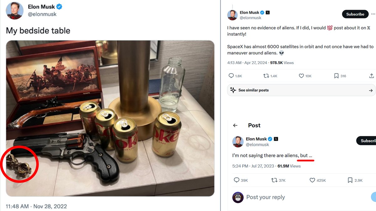 OMApproach's tweet photo. Elon Musk knows!
Just like everyone who is briefed on the subject and works on classified projects, they are directed to answer these kinds of questions with denial of aliens and to stick only to the ET hypothesis, and so is Elon.
But he knows that they are connected to the spiritual aspect, the ancient religions, and the great resets. Why do you think they are digging tunnels and building doomsday bunkers?
Who do you think talks to Tucker Carlson about these things? Additionally, Tucker is in contact with Lue Elizondo.
The time when global civilization wakes up to this reality, it will be too late.
