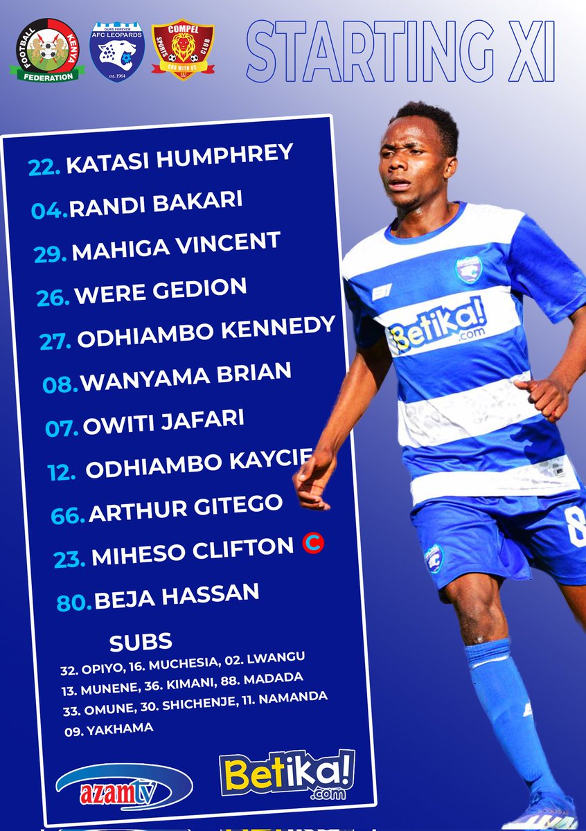 TEAM NEWS

Katasi Humphrey starts  in goal
Homeboys Gideon Were  partners Kennedy Owino in the central  defence 

Arthur Gitego leads  our attack 

Here's  our lineup against Compel FC 

@betikaKe #OursForever #INGWE