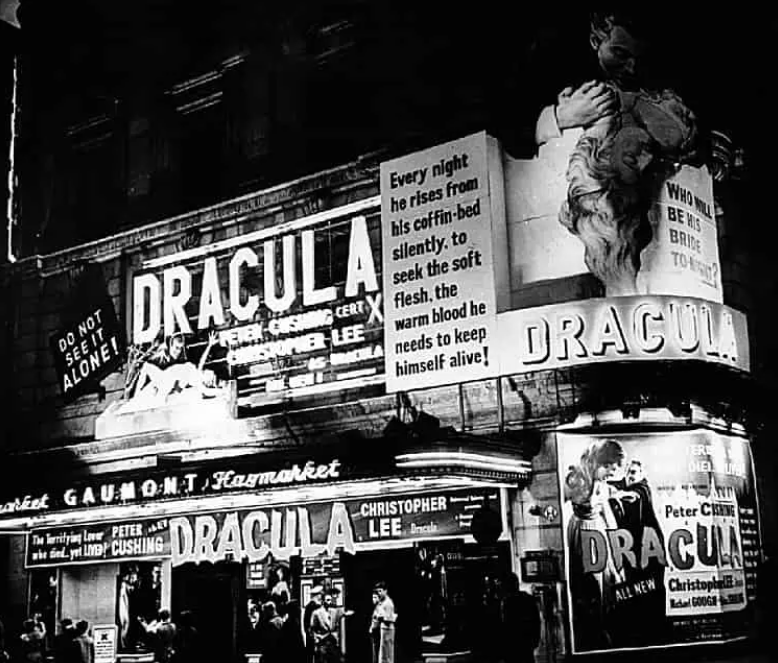 A great movie marquee in London promoting DRACULA (1958).