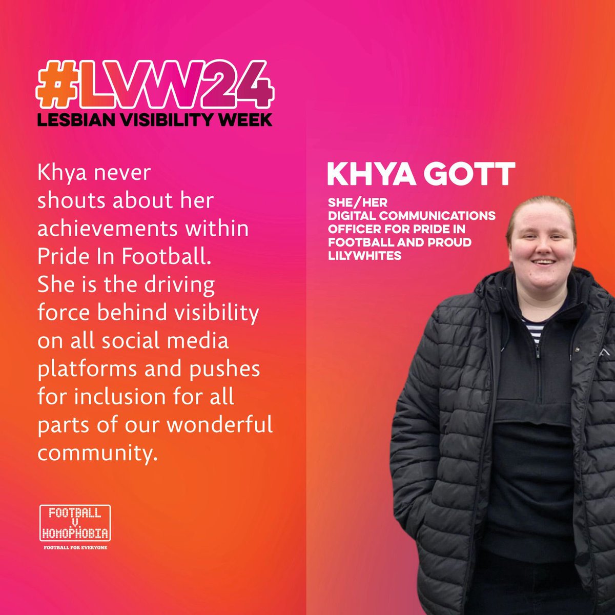 “Khya never shouts about her achievements within @PrideinFootball She is the driving force behind visibility on all social media platforms and pushes for inclusion for all parts of our wonderful community” We’re celebrating Khya Gott (she/her) for #LesbianVisbilityWeek #LVW24