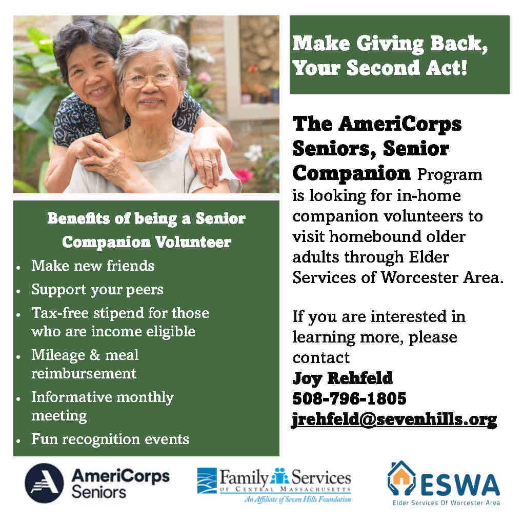 ESWAorg's tweet photo. The #WorcesterMA #SeniorCompanionProgram is looking for in-home companion volunteers to visit homebound #OlderAdults through ESWA. If you are interested in learning more, please contact Joy Rehfeld, 508-796-1805, jrehfeld@sevenhills.org https://t.co/IYhNqFlumP