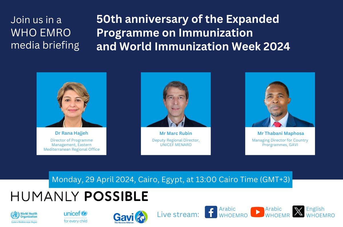 Mark your calendar! Join our media press conference marking the 50th anniversary of Expanded Programme on Immunization. 🗓️Monday, 29 April 2024 🕐13:00 Cairo Time (GMT+3)