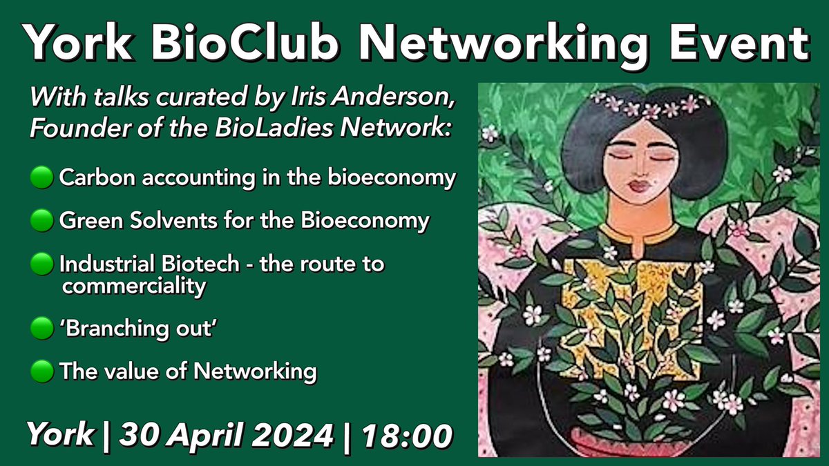 Join the York BioClub for a free event to gain a fresh perspective on the multiple aspects of the the #bioeconomy. With talks curated by Iris Anderson @BioladiesNet. Free in-person networking event 30 April @ 18:00. eventbrite.co.uk/e/york-bioclub…