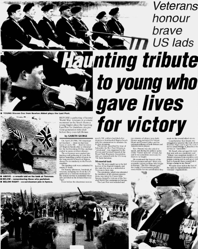 #OTD 80 years ago Exercise Tiger, a rehearsal for D-Day, was attacked by German E-Boats off the coast of Devon, resulting in the deaths of 749 American servicemen. Local paper the Torbay Express and Echo reports on the 1995 memorial of the incident bit.ly/3xZUKpE