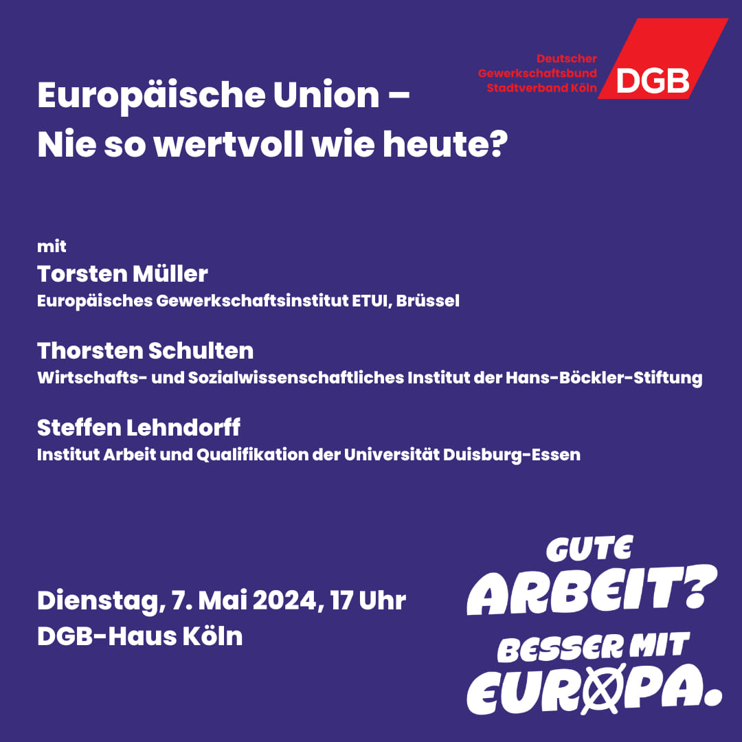 Save the date: Am Dienstag, den 7. Mai diskutiere ich auf Einladung des #DGBKöln zusammen mit #SteffenLehndorff und #TorstenMüller von @ETUI_org über die Situation in #Europa vor den Wahlen zum #EuropäischenParlament: