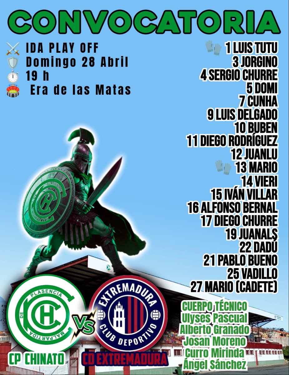 🏆 PLAY OFF ASCENSO 3Ref
➡️ IDA
 <a href="/CPChinato/">CP Chinato</a> 🆚 <a href="/CDExt1924/">CD EXTREMADURA</a> _ 
📅 28/04/2024
⏰ 19:00 HORAS
🏠MALPARTIDA
🏟ERAS DE LAS MATAS
📍 MALPARTIDA DE PLASENCIA 
#humildadytrabajo
#somosChinato🤍💚
‼️VAMOS ‼️