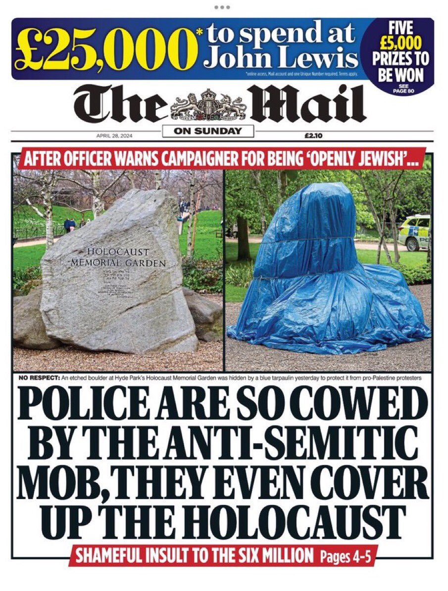Covering up a Holocaust memorial is a new low. At every turn, the authorities seem to be trying to keep Jews and anything Jewish out of sight to appease these mobs. When we organised our March Against Antisemitism, we were told that there was no way that our route could pass…