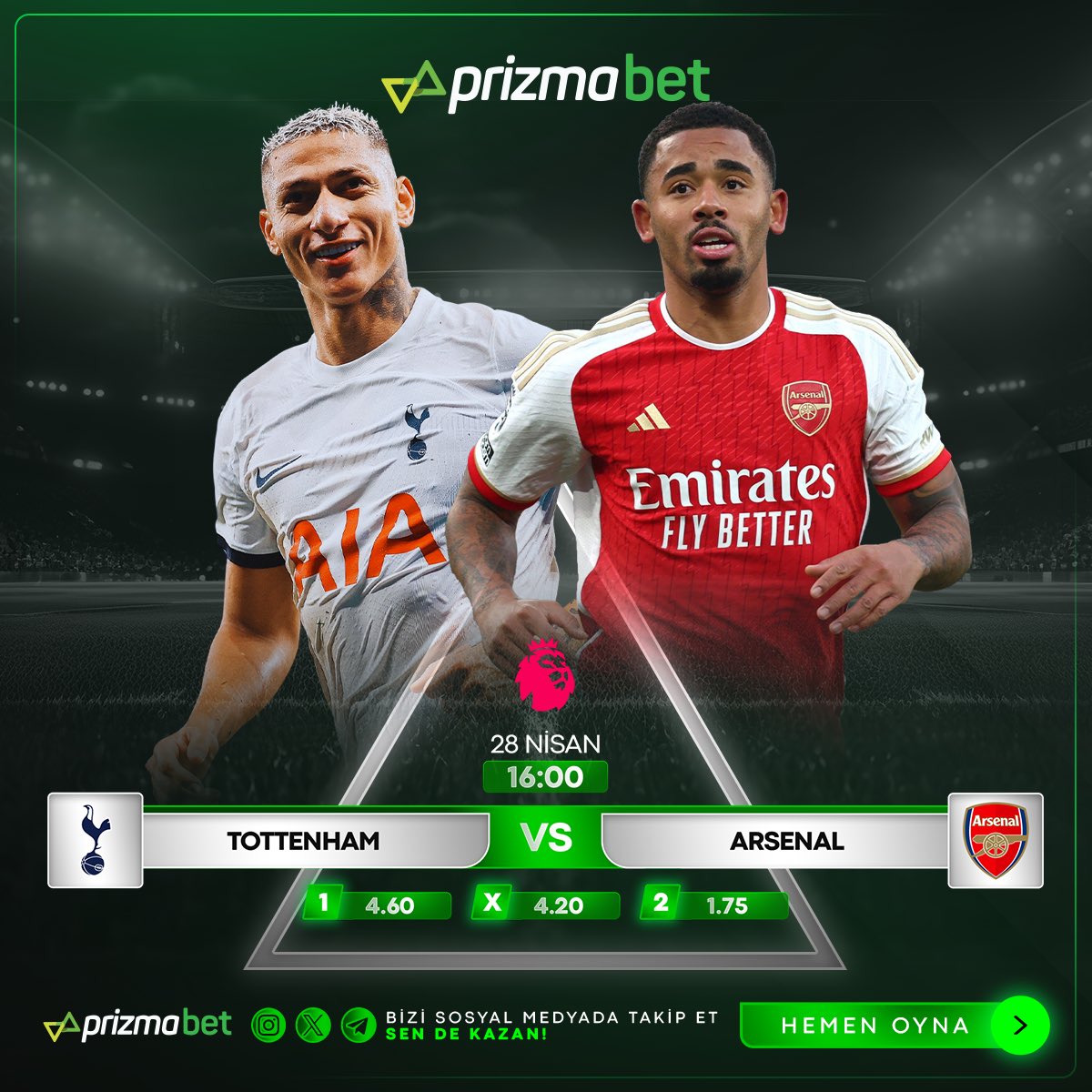 🎤Premier Lig’de lider Arsenal , Tottenham deplasmanına çıkıyor ! 🦾Bu heyecan en yüksek yüzdeler ve avantajlı promosyonları ile bu heyecan Prizmabet’te yaşanacak ! 👇 prizmabet527.com