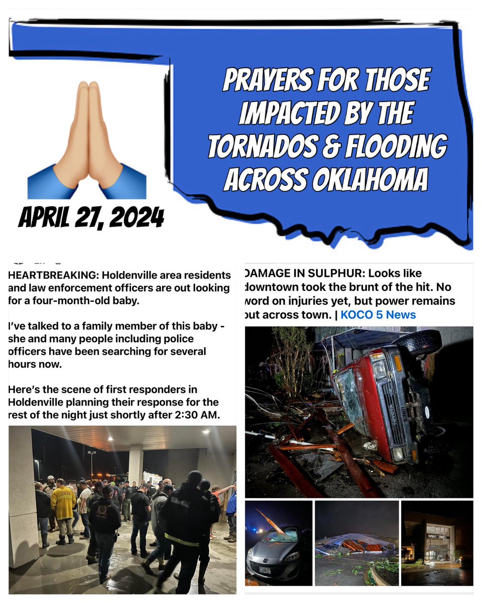 pwjsooner's tweet photo. Please continue to pray for the many Oklahomans who were impacted by the tornados April 27, 2024.  There was major damage in several communities across our state, including my home county Hughes County where there is a search going on for a missing child. 🙏🏼 https://t.co/3NsE9kBH0u