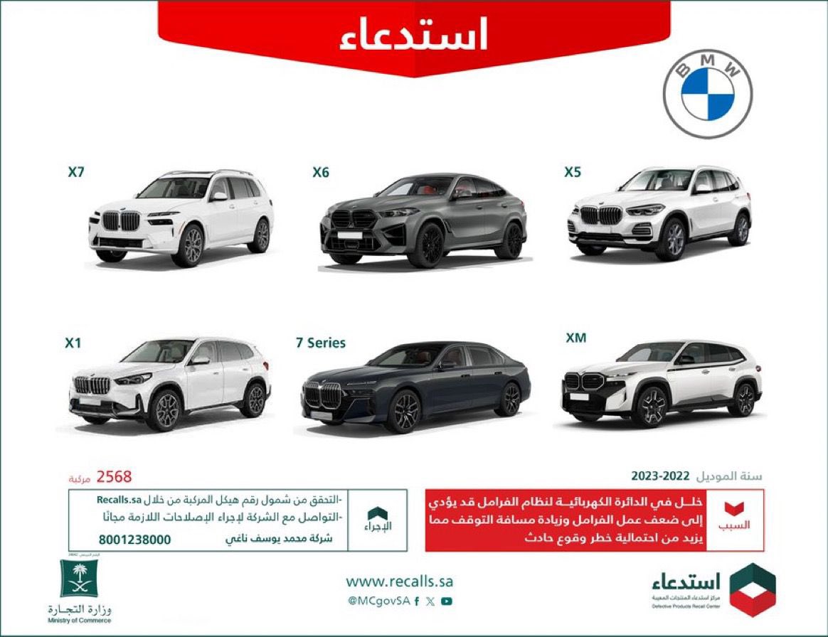 لسلامتكم ..
تعلن وزارة التجارة عن #استدعاء 2,568 مركبة
🚘 X7 / X6 / X5 / X1 / 7Series / XM' BMW'
🗓 2022 - 2023
🔻 لخلل في الدائرة الكهربائية لنظام الفرامل قد يؤدي إلى ضعف عمل الفرامل وزيادة مسافة التوقف، مما يزيد من احتمالية خطر وقوع حادث.