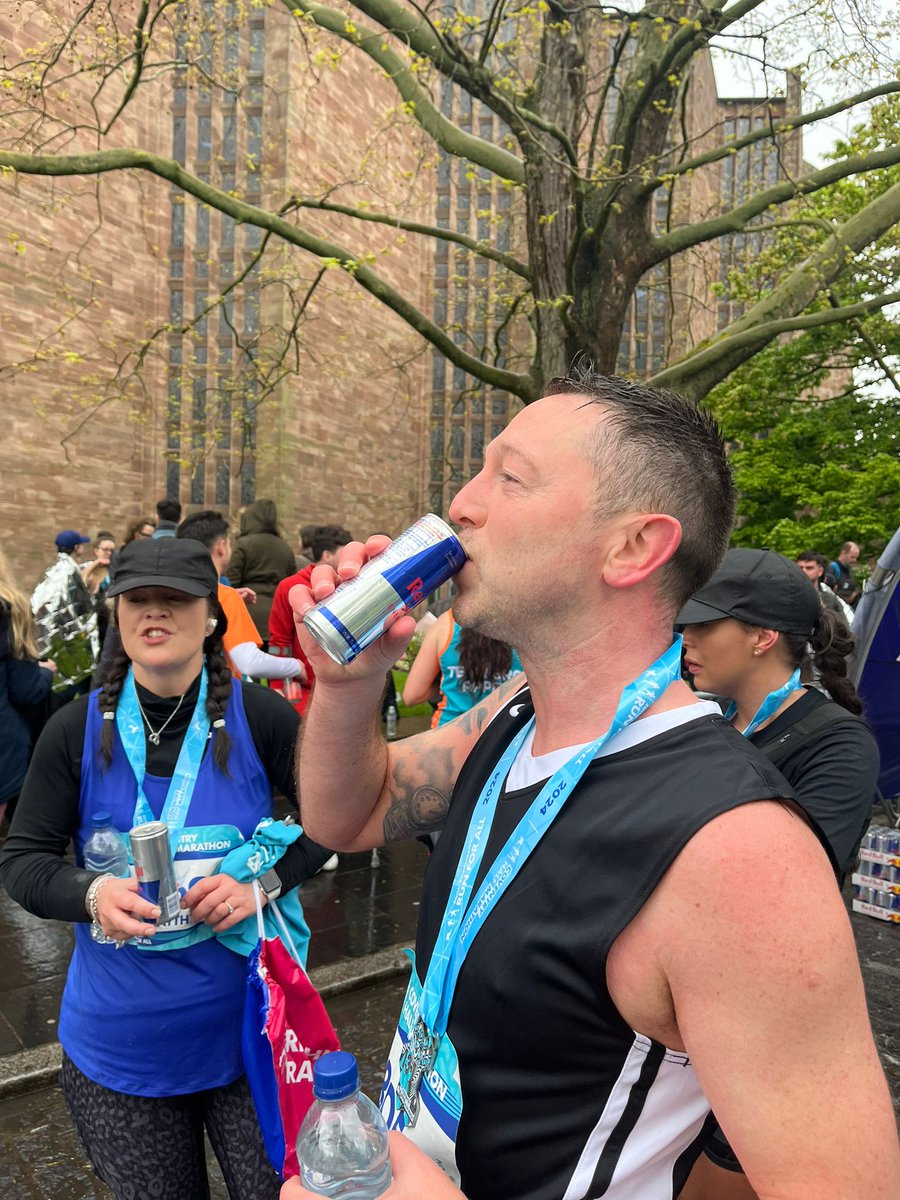 Todays #CoventryHalfMarathon finishers enjoying their post run fuel courtesy of @redbull 🥳